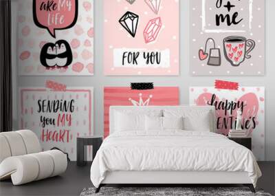 Valentine`s Day card set - hand drawn style with calligraphy. Wall mural